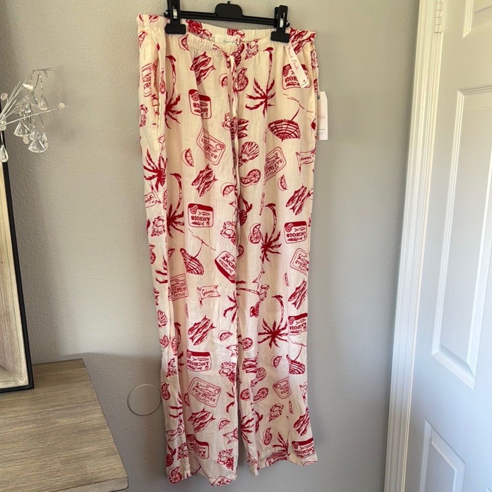 Angel Kiss Cream Wide Leg Pants with Red Print